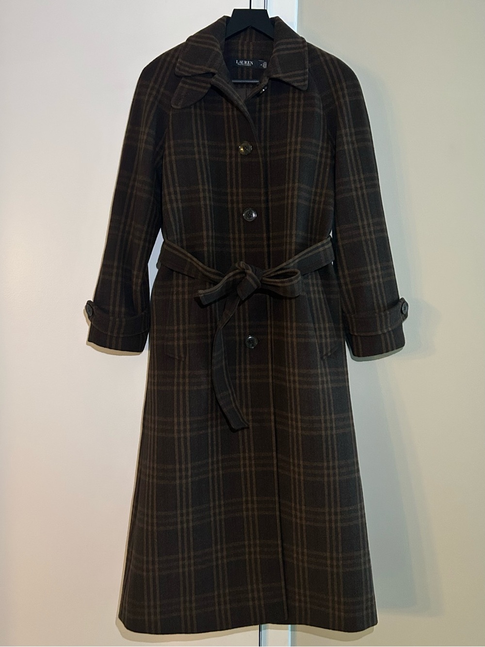 Lauren Ralph Lauren Dark Brown Plaid Tie Waist Wool Coat